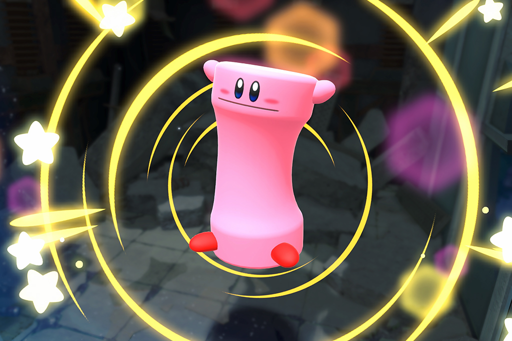 Fotografia de cena do jogo Kirby and the Forgotten Land.