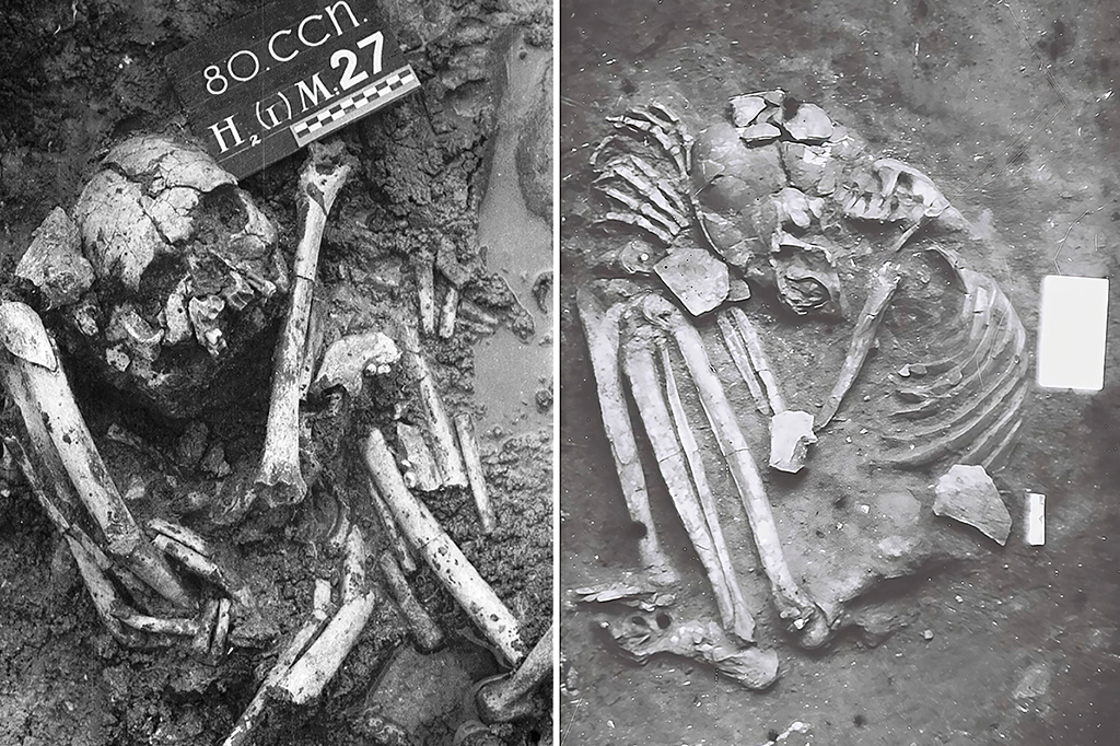 Fotografia deexemplos de sepultamentos flexionados do Holoceno Inferior e Médio do norte do Vietnã. (A) Sepultamento 80M27 do monturo de conchas de Con Co Ngua; (B) Sepultamento M16 da Caverna Mai Da Dieu, ambos localizados na província de Thanh Hoa.
