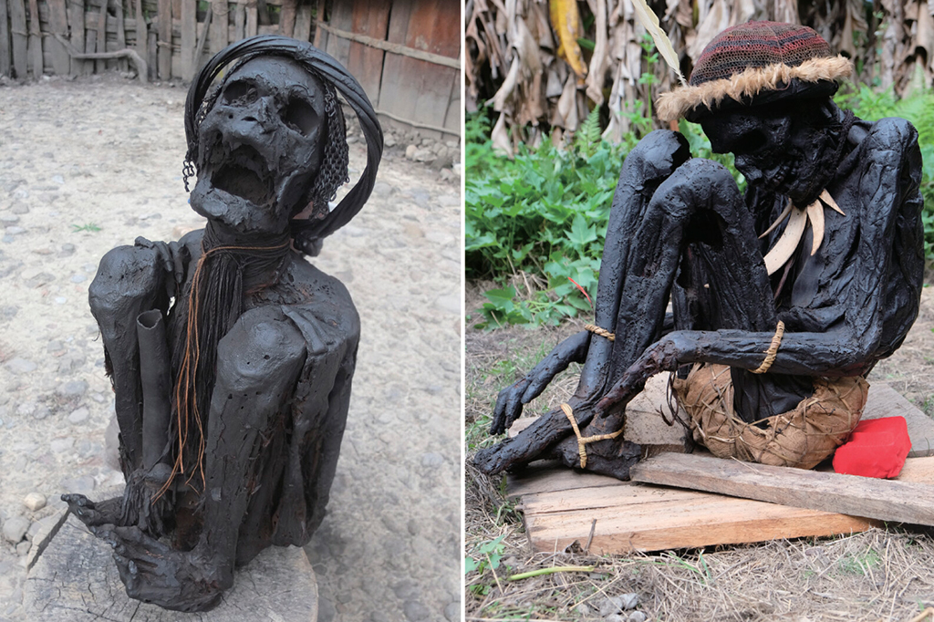 Fotografia de exemplos de múmias defumadas mantidas em residências particulares em Papua, Indonésia, fotografadas em janeiro de 2019. (A) Uma múmia hiperflexionada de Dani; (B) Uma múmia flexionada da Vila Pumo. Ambos os locais ficam em Wamena, Regência de Jayawijaya, Papua.