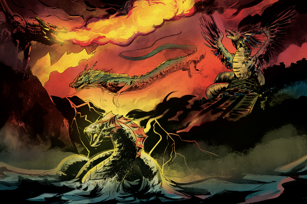 Ilustra&ccedil;&atilde;o, em fundo multicolorido, de criaturas da mitologia. V&ecirc;-se um drag&atilde;o medieval, um drg&atilde;o marinho, um loong e uma serpente emplumada.