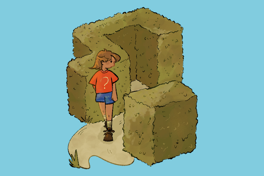 SI_479_Oráculo_Manual_3 Ilustração, em fundo azul, de uma garota saindo de um labirinto de plantas. Ela veste um short azul e uma camiseta vermelha com um ponto de interrogação amarelo.