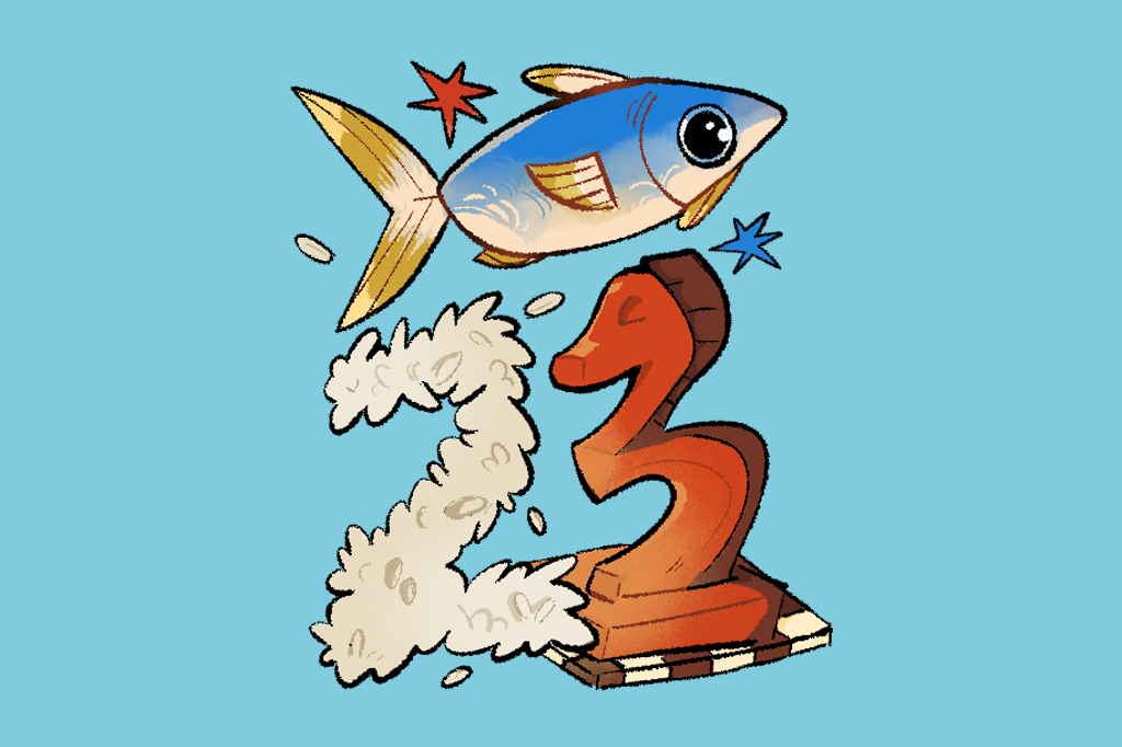 SI_479_Oráculo_Manual_4 Ilustração, em fundo azul, de um peixe prateado em cima dos números dois e três.