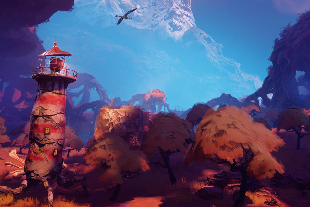 Imagem de vídeo game, de um farol bicolor posicionado num montanha.