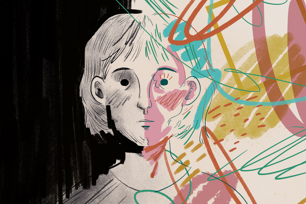 Ilustra&ccedil;&atilde;o de uma garota com olhar triste. A esquerda v&ecirc;-se um fundo preto. A direita, v&ecirc;-se alguns rabiscos coloridos.