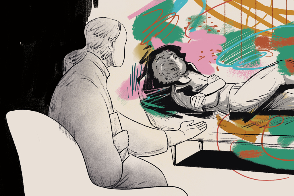 SI_479_TerapIA_3 Ilustração de uma garota deitada num divã, de braços cruzados, acompanhada de um psicólogo. Ao redor, vê-se alguns rabiscos coloridos.