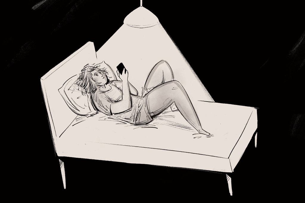 SI_479_TerapIA_5 Ilustração de uma garota deitada na cama usando um smartphone, num quarto escuro iluminado por uma luz spot.