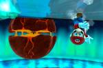 Captura de tela do jogo Super Mario Galaxy. Imagem do Mario correndo de ponta cabeça.