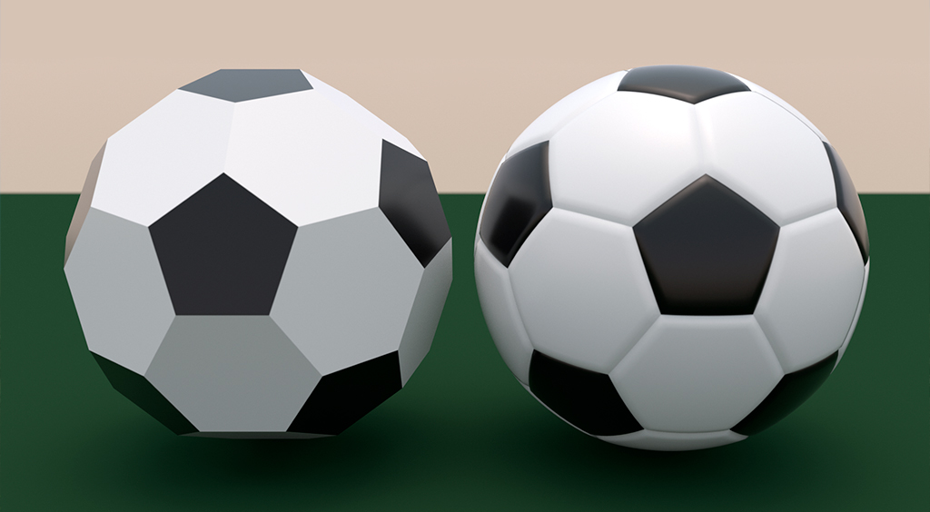 Imagem de uma bola de futebol com padr&atilde;o Telstar (&agrave; direita) com um icosaedro truncado regular (&agrave; esquerda)