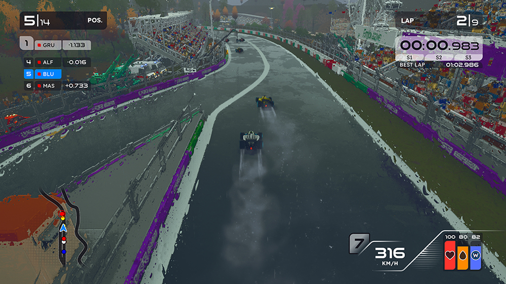 Fotografia da cena do jogo Formula Legends. Imagem de carros de corrida correndo na chuva.