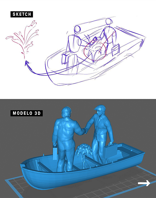 Imagens do sketech e do modelo 3D da miniatura.