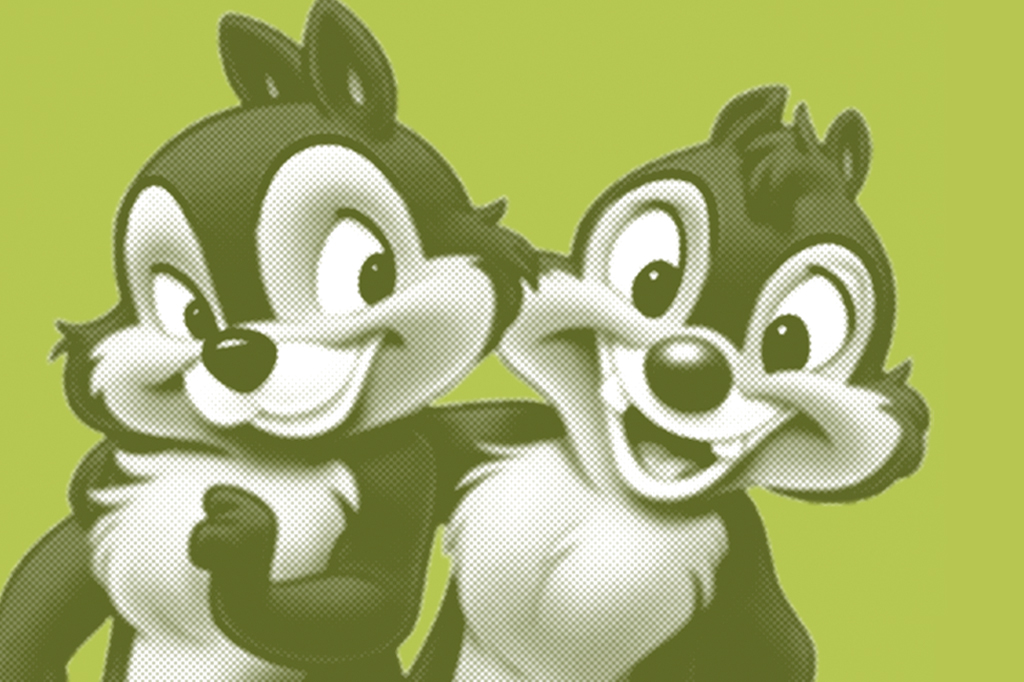 Imagem, em fundo verde, com os personagens esquilos Tico e Teco.