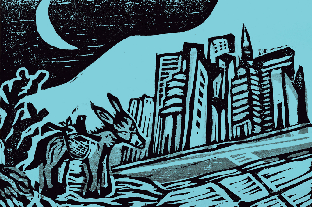 Imagem de uma xilogravura, em fundo azul. V&ecirc;-se um jumento chegando numa &aacute;rea urbana com pr&eacute;dios altos. &Agrave; esquerda, um grande cacto e uma Lua minguante.