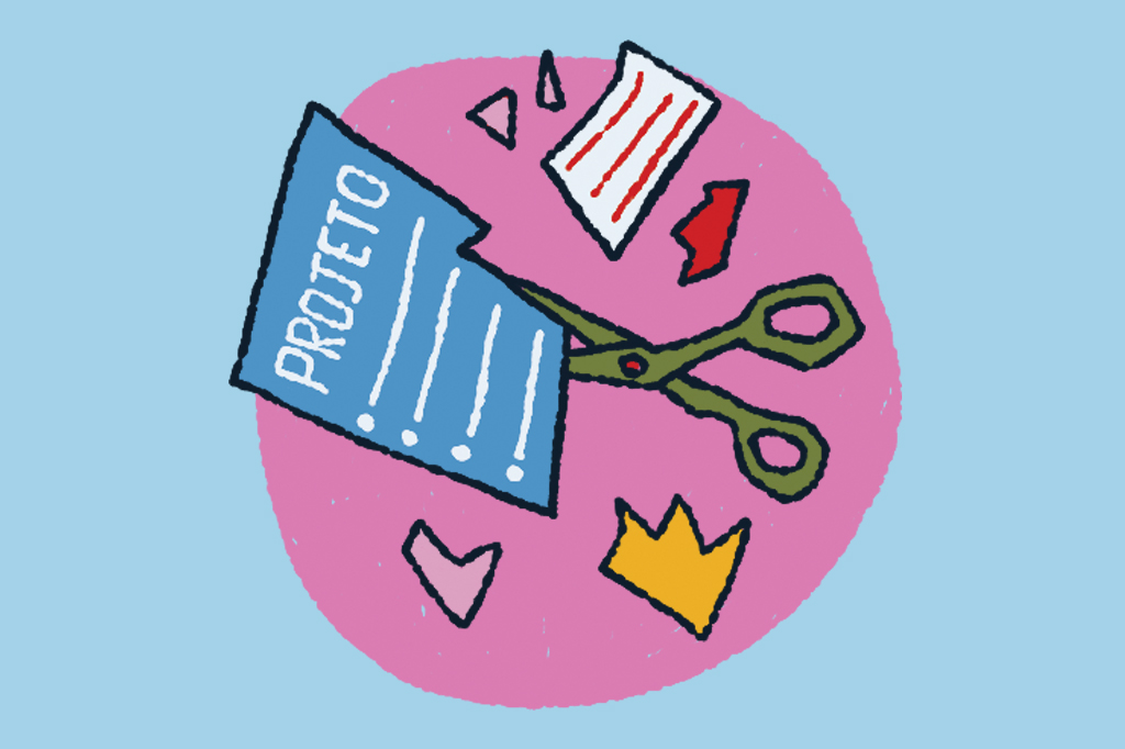 Ilustra&ccedil;&atilde;o, em fundo azul claro, de uma tesoura cortando uma folha de papel.