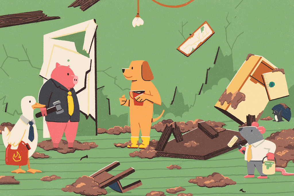 Ilustra&ccedil;&atilde;o c&ocirc;mica, em fundo verde, de um cachorro, de pelo marrom, segurando uma caneca, de p&eacute;, numa sala toda danificada. Acompanhado de um porco cinza, usando uma gravata amarela e carregando um martelo. Um pato, usando gravata cinza, carregando um gal&atilde;o vermelho e um rato, usando gravata amarela, carregando um balde e um rolo de tinta.