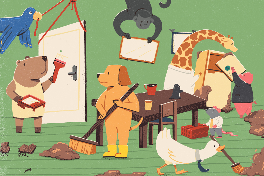 Ilustra&ccedil;&atilde;o c&ocirc;mica, em fundo verde, de um cachorro, de pelo marrom, usando botas amarelas e carregando uma vassoura, reunido com outros bichos &ndash; uma arara azul, uma girafa, um macaco, um pato, um rato, um porco e uma capivara &ndash; limpando uma sala suja.
