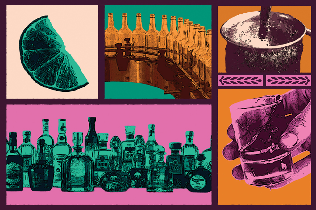 Foto colagem com imagens de uma fatia de lim&atilde;o, garrafas de vidro na linha de produ&ccedil;&atilde;o, uma m&atilde;o segurando um copo pequeno, garrafas de tequila e um grande tacho.