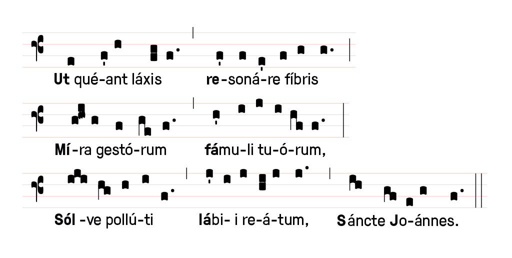 Primeira estrofe do hino Ut queant laxis eem notação quadrada sobre tetragrama.