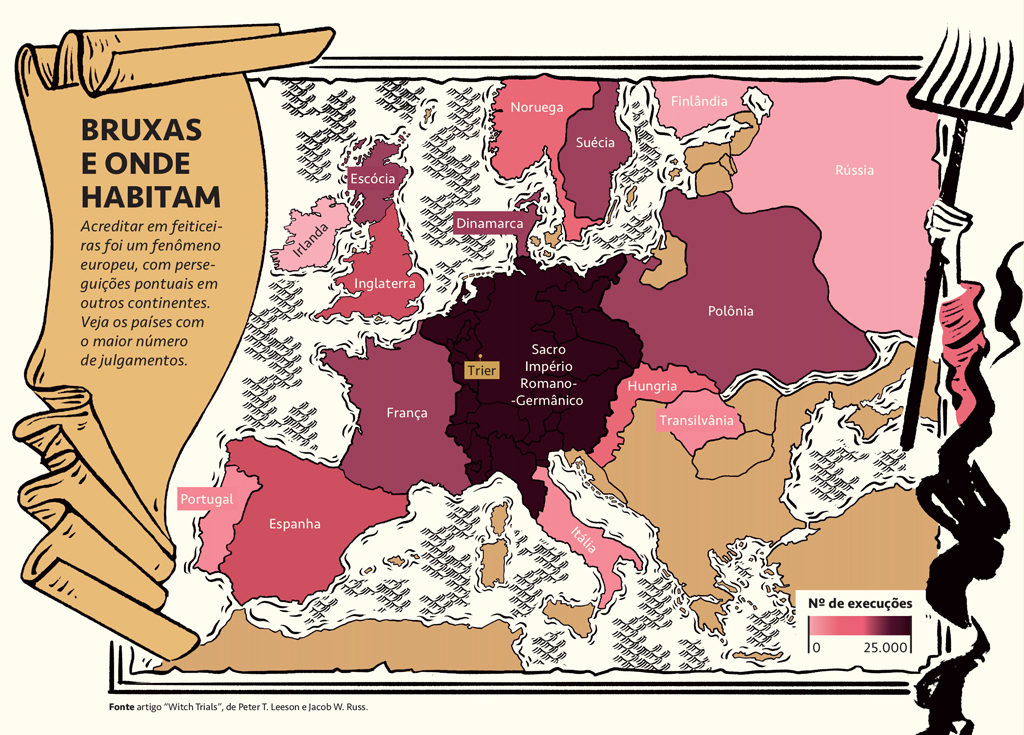 Ilustração, em fundo creme, de um mapa da Europa, com os países onde ocorreram o maior número de julgamentos de bruxas.