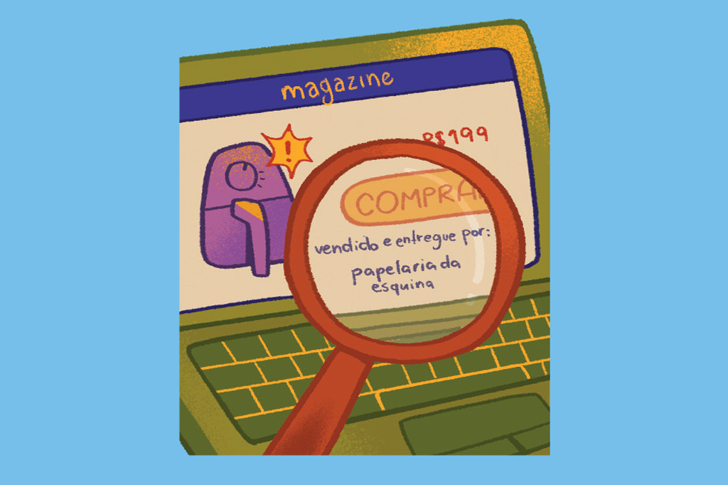 Ilustra&ccedil;&atilde;o, em fundo azul, de um computador com a tela num site de compras on-line.