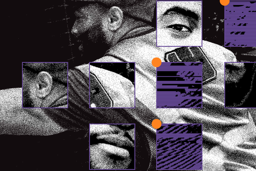 Colagem feita com a foto de um rapaz de costas e cinco pequenos quadros emolduram imagens focadas no olho, boca, orelha.