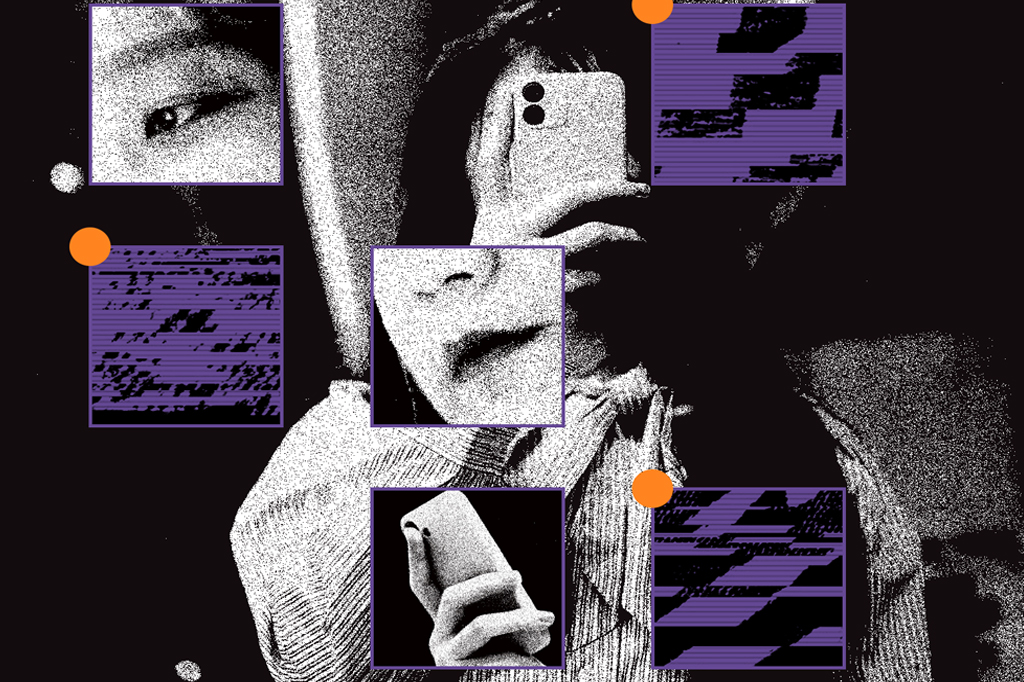 Colagem feita com a foto de uma garota segurando um smartphone diante do rosto e três pequenos quadros emolduram imagens focadas no olho, boca e mão.