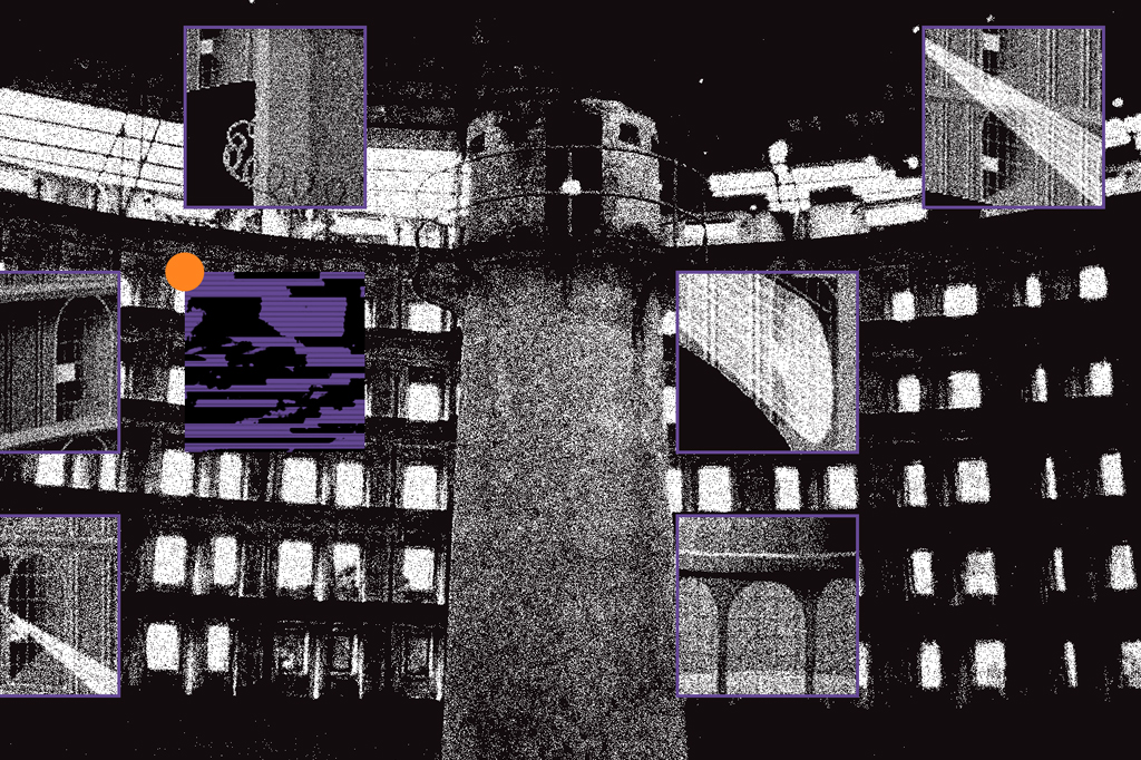 Colagem feita com a foto de um farol e uma grande fachada com diversas janelas.