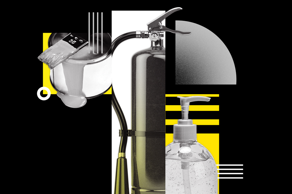 Colagem, em fundo preto, feita com imagens de um pincel com uma lata de tinta, um extintor de inc&ecirc;ndio e uma embalagem de &aacute;lcool gel.