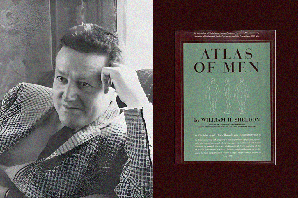 Fotografia do William H. Sheldon ao lado do seu livro "Atlas of Men: A guide for somatotyping the adult male at all ages".