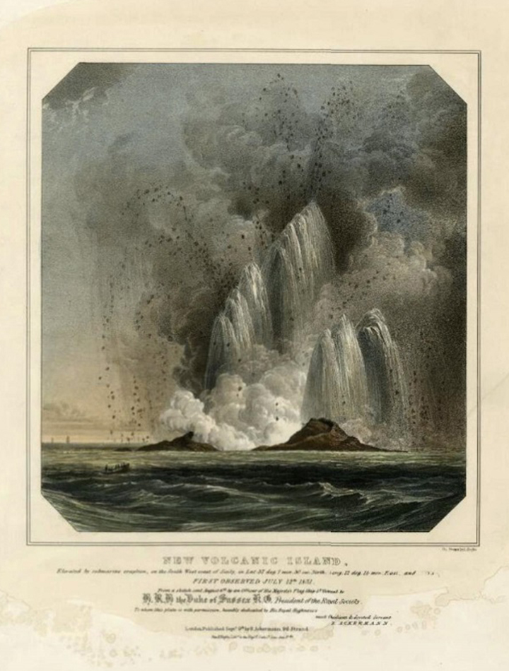 Ilustra&ccedil;&atilde;p da nova Ilha Vulc&acirc;nica. Elevada por erup&ccedil;&atilde;o submarina, na costa sudoeste da Sic&iacute;lia [...]. Observada pela primeira vez em 12 de julho de 1831. Em pedra por L. Haghe / Publicado por Ackermann. Litografia colorida &agrave; m&atilde;o, 1831.