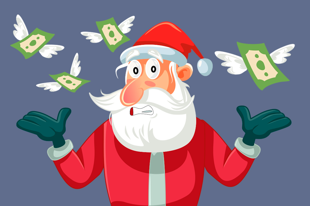 Ilustração de Pobre Papai Noel olhando para o dinheiro voando.