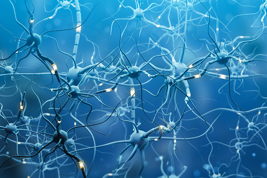 Imagem ilustrativa de neurônios azuis com brilhantes segmentos sobre azul.