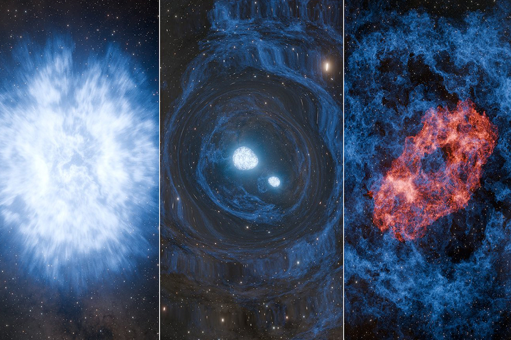 Esta concepção artística mostra um evento hipotético conhecido como superkilonova. Uma estrela massiva explode em uma supernova (à esquerda), que gera elementos como carbono e ferro. Em seguida, nascem duas estrelas de nêutrons (ao centro), sendo que acredita-se que pelo menos uma delas seja menos massiva que o nosso Sol. As estrelas de nêutrons se aproximam em espiral, enviando ondas gravitacionais que se propagam pelo cosmos, antes de se fundirem em uma dramática kilonova (à direita).