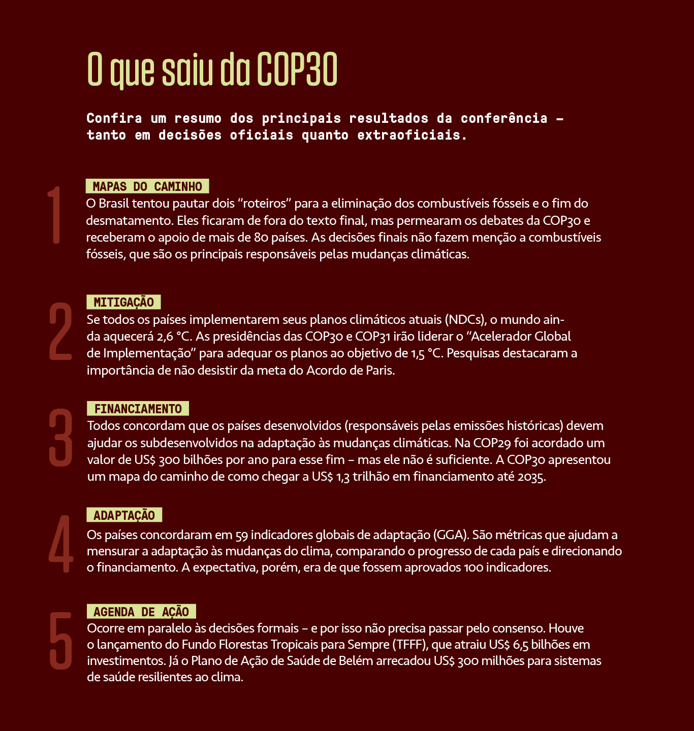 Tabela, em fundo marrom, com informações sobre a COP30.