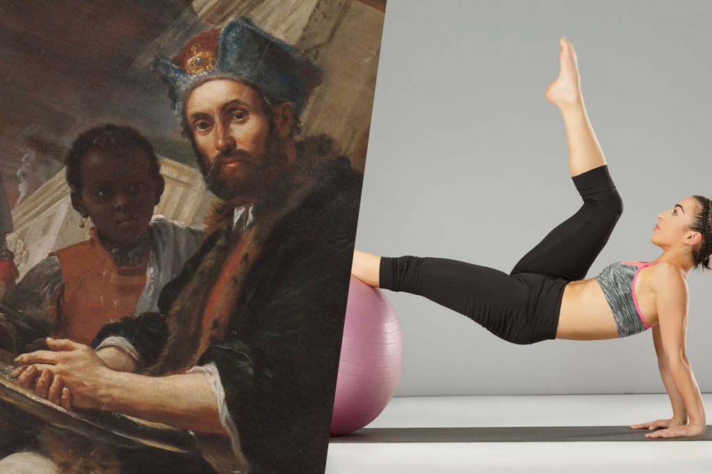 Montagem com as imagens do quadro "Pilatos lavando as mãos" de Mattia Preti (1663) e de uma garota fazendo pilates.