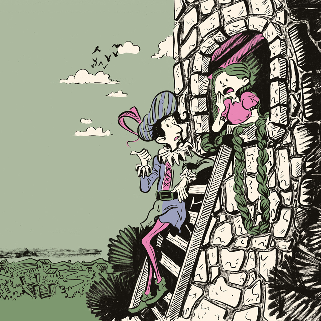 Ilustra&ccedil;&atilde;o de um rapaz apoiado numa escada, conversando com uma garota debru&ccedil;ada na janela.