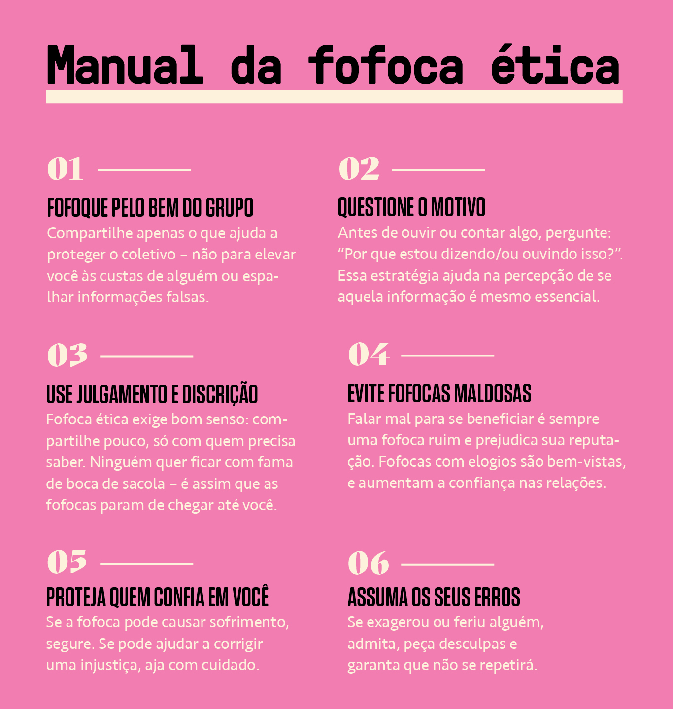 Tabela, em fundo rosa, com seis dicas de conduta diante de uma fofoca.