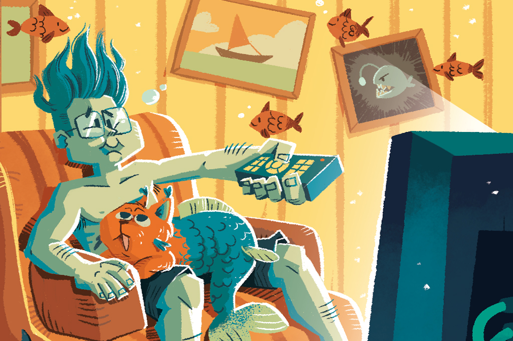 Ilustração, cômica, de um homem, embaixo d'água, sentado numa poltrona assistindo tv e segurando um controle remoto. Um gato com rabo de peixe dorme em seu colo. Ao fundo, vê-se quadros com motivos náuticos e peixes nadando.