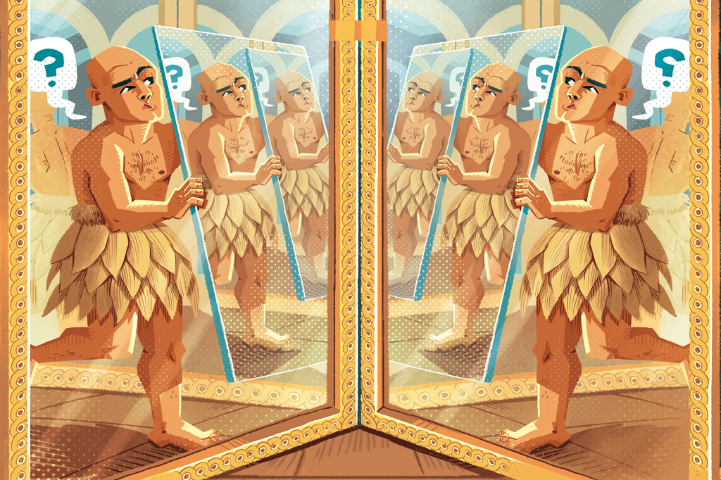 Ilustração, de um sacerdote egípcio segurando um espelho diante de outro espelho.