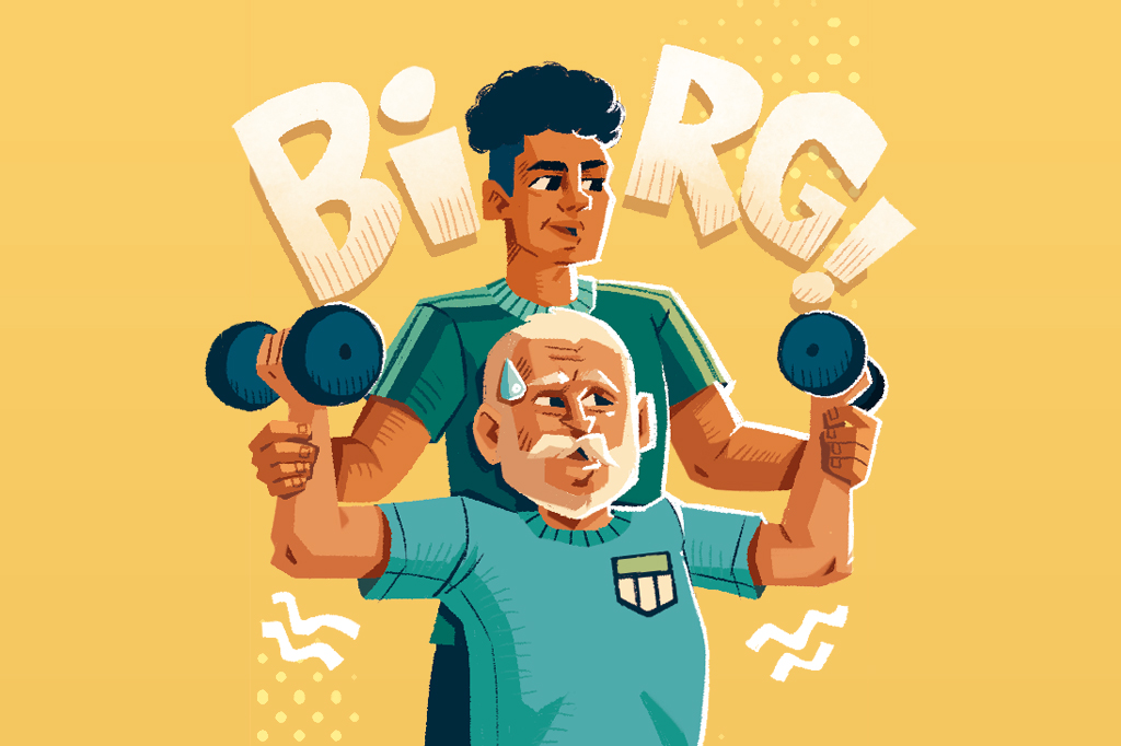 Ilustra&ccedil;&atilde;o, em fundo alaranjado, de um profissional de educa&ccedil;&atilde;o f&iacute;sica dando aula para um senhor idoso.