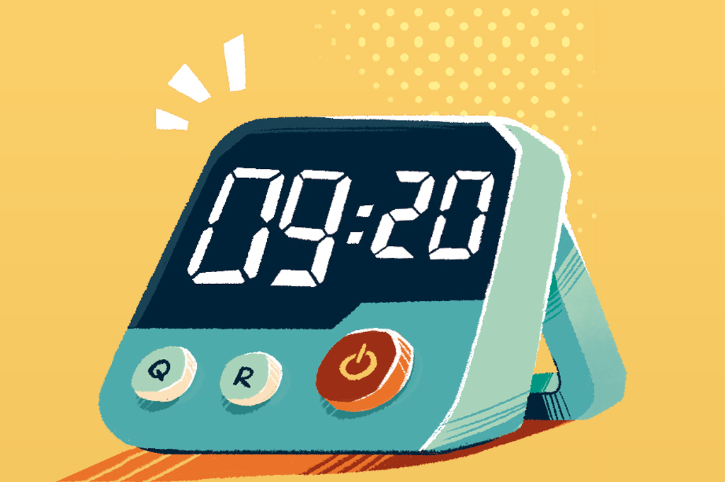 Ilustra&ccedil;&atilde;o, em fundo alaranjado, de um rel&oacute;gio digital despertador azul, marcando 9:20hs.