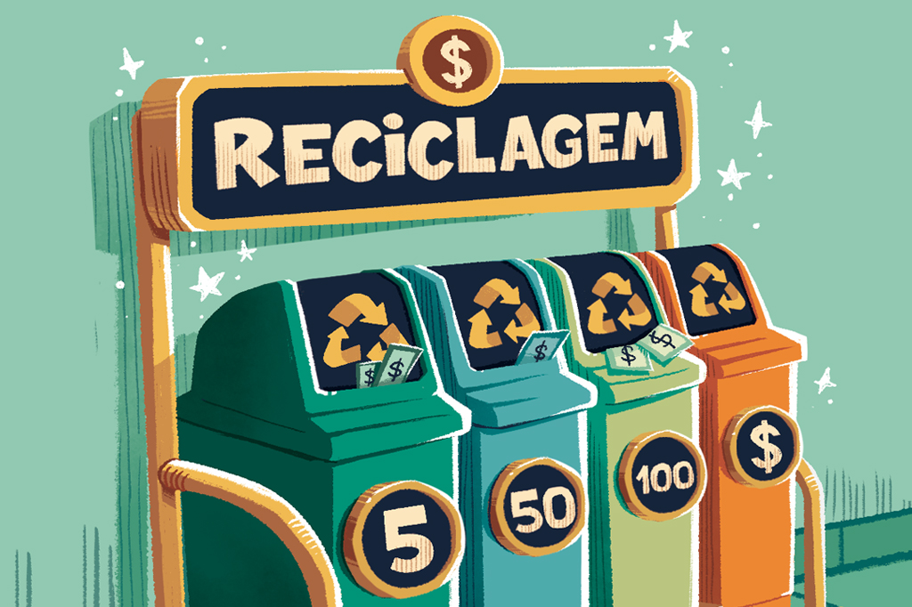 latas de lixo reciclável, mas em vez dos símbolos de cada tipo de lixo estão números, representando cédulas (5,10,50,100)