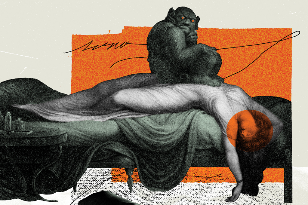 Foto colagem de uma mulher desmaiada num div&atilde;. V&ecirc;-se, sentado em cima dela, um g&aacute;rgula.