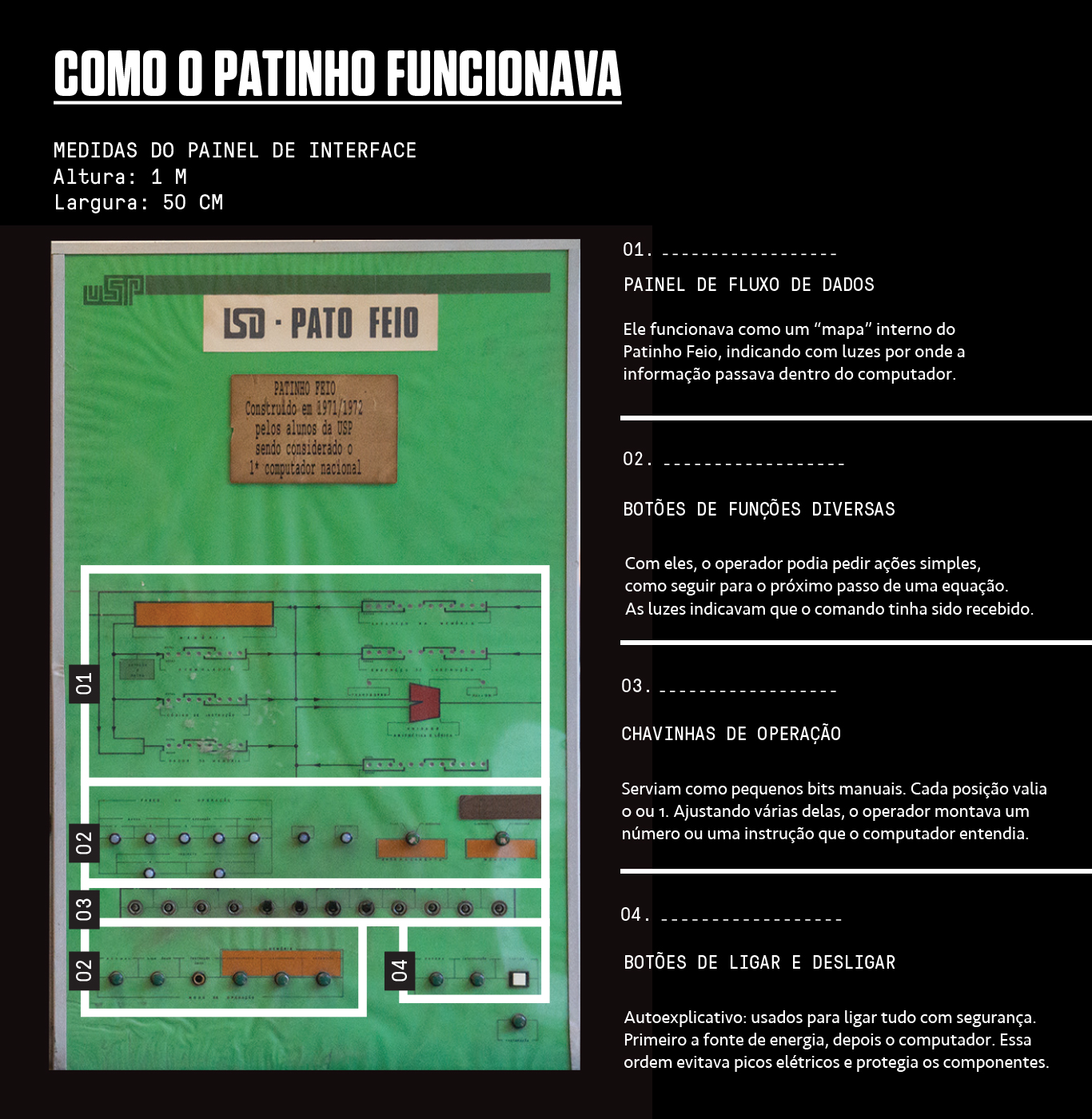 Infogr&aacute;fico, em fundo preto, com quatro caracter&iacute;sticas do do antigo computador LSD &bull; Pato Feio.