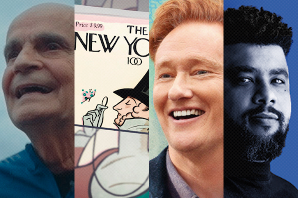 Montagem com fotos dos filmes: A Vida É uma Maratona (2025), The New Yorker: 100 Anos de História (2025), Conan O’Brien Vai Nessa (2024) e Apartheid Tropical (2023-).