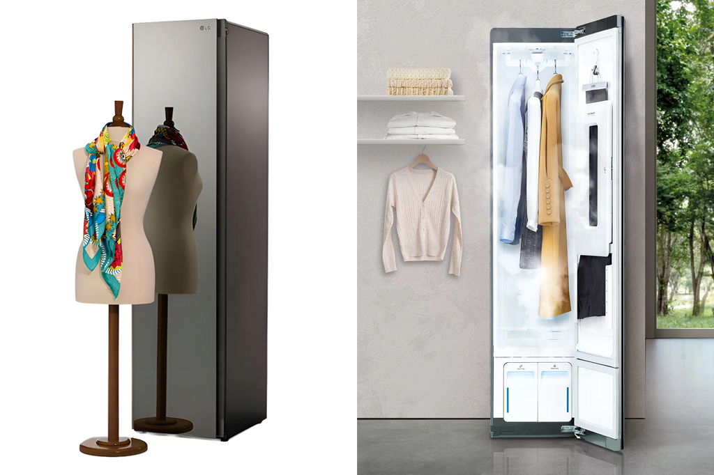 Imagem de um arm&aacute;rio que vaporiza roupas. A esquerda, v&ecirc;-se um manequim com um len&ccedil;o colorido e o arm&aacute;rio com a porta fechada. A direita, v&ecirc;-se o arm&aacute;rio aberto vaporizando algumas roupas.