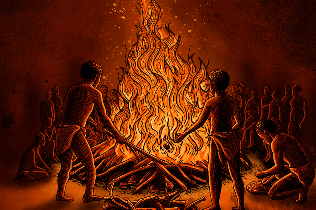 Ilustração da reconstrução do ritual de cremação.