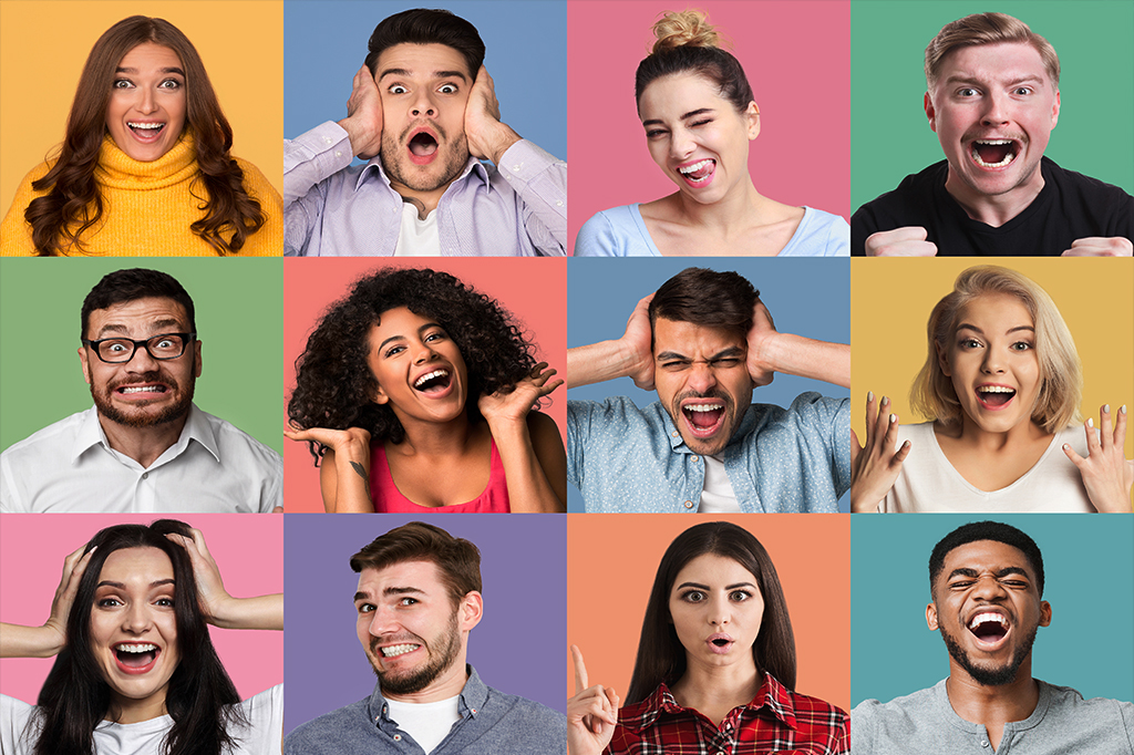 Fotografia de várias pessoas com expressões diferentes.