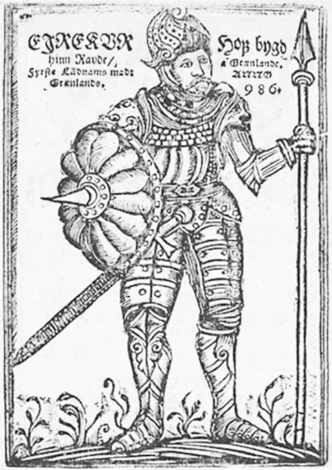 Ilustra&ccedil;&atilde;o dp Eric, o Vermelho (Eir&iacute;kur rau&eth;i). Frontisp&iacute;cio em xilogravura da publica&ccedil;&atilde;o islandesa de 1688 de Gronlandia (Groenl&acirc;ndia) de Arngr&iacute;mur J&oacute;nsson.