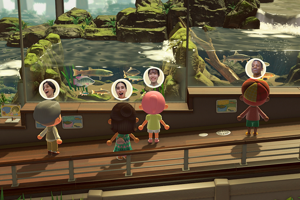 Imagem do jogo animal crossign, quatro personagens olhando um aqu&aacute;rio.