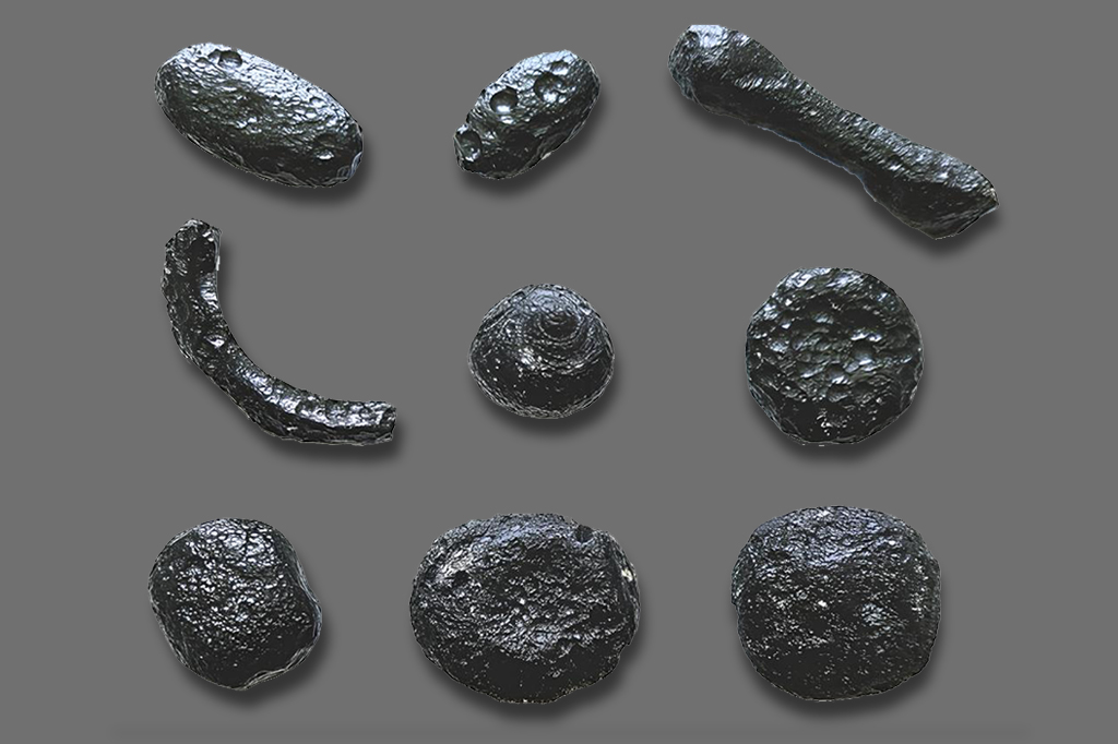 Fotografia de alguns exemplares de "geraisitos", assim chamados em homenagem ao Estado de Minas Gerais, onde foram encontrados, em suas diferentes formas.